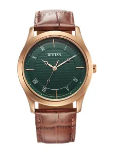 Titan Men Brass Dial & Leather Textured Straps Analogue Watch 1823WL02