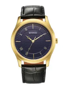 Titan Men Brass Dial & Leather Textured Straps Analogue Watch 1823YL02