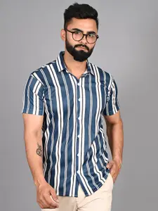 FUBAR Spread Collar Short Sleeves Modern Striped Casual Shirt