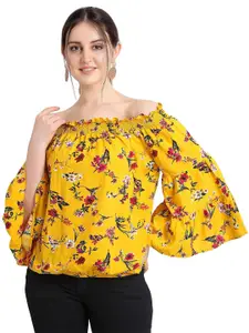 Oomph! Yellow Floral Printed Off-Shoulder Flared Sleeve Smocked Bardot Top