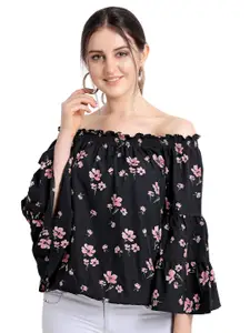 Oomph! Floral Printed Off-Shoulder Bell Sleeve Smocked Crepe Bardot Top