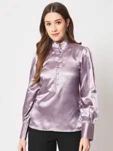 CHARMGAL High Neck Cuffed Sleeves Satin Casual Shirt