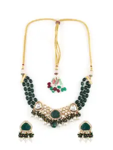 AccessHer Gold-Plated Kundan-Studded & Beaded  Necklace & Earrings Set