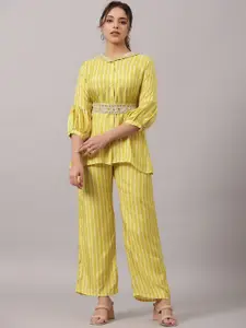 Amchoor Striped Embroidered Shawl Collar Muslin Top & Palazzos Co-Ords