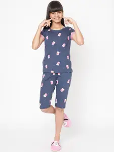 Sweet Dreams Girls Navy Blue & White Conversational Printed Pure Cotton Night Suit