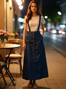 StyleStone Women Blue Denim Maxi Pinafore Skirt