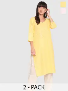 KALINI Pack of 2 Ethnic Motifs Embroidered Chikankari Pure Cotton Kurtas