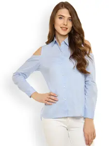 Miss Chase Women Blue Solid Shirt Style Pure Cotton Top