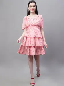 MARC LOUIS Floral Print Square Neck Layered Georgette Fit & Flare Dress