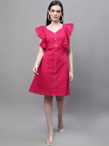 MARC LOUIS V-Neck Schiffli Ruffled A-line Cotton Dress