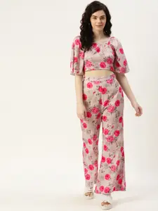 Sleek Italia Floral Printed Crop Top With Trouser Co-Ord Set