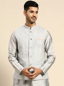 KISAH Woven Design Mandarin Collar Nehru Jacket