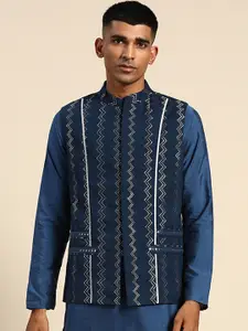 KISAH Woven Design Mandarin Collar Nehru Jacket
