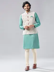 KISAH Men Kantha Printed Regular Fit Kurta Jacket Churidar Set