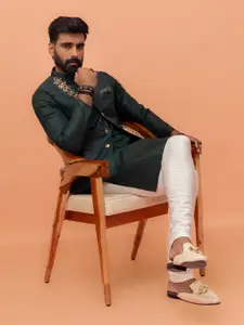 KISAH Mandarin Collar Straight Kurta with Churidar & Nehru Jacket