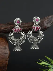 E2O Silver-Plated Contemporary Oxidized Meenakari Stone Studded Chandbalis Earrings