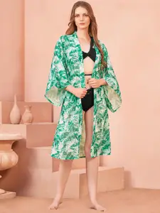 Bannos Swagger Green & White Printed Cover-Up Beachwear Kimono Shrug