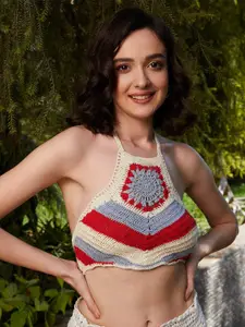 Athena Self Design Halter Neck Cotton Crochet Crop Fitted Top