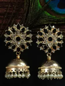 FEMMIBELLA Gold-Plated Floral Stone Studded & Beaded Jhumkas Earrings