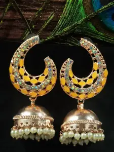FEMMIBELLA Gold-Plated Dome Shaped Stone Studded & Beaded Jhumkas Earrings