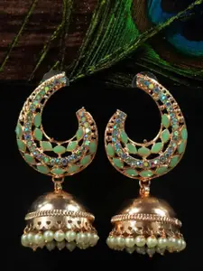 FEMMIBELLA Gold-Plated Stone Studded & Beaded Dome Shaped Jhumkas Earrings