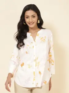 Fabindia Floral Printed Band Collar Long Sleeves Classic Cotton Casual Shirt