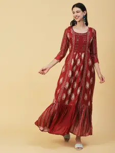 FASHOR Rust Ethnic Motifs Printed Maxi A-Line Ethnic Dress