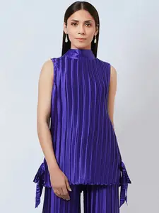 First Resort by Ramola Bachchan Accordion Pleated High Neck Sleeveless Satin Top