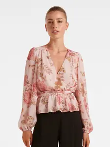 Forever New Floral Printed Puff Sleeves Cinched Waist Top