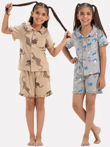 Growing Tree Girls Pack Of 2 Conversational Printed Pure Cotton Night Suit