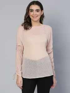 Oxolloxo Dobby Weave Round Neck Ruched Long Sleeves Top