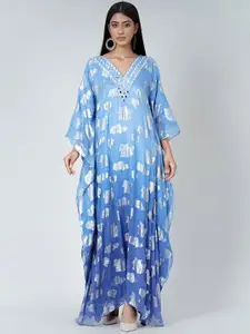 First Resort by Ramola Bachchan Abstract Printed Kimono Sleeve Georgette Kaftan Maxi Dress