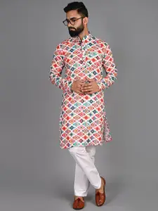 FUBAR Geometric Printed Mandarin Collar Regular Pure Cotton Kurta with Pyjamas