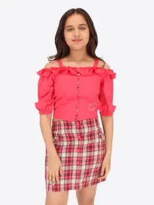 CUTECUMBER Girls Checkered Shoulder Straps Top with Skirt