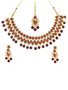 Shining Jewel - By Shivansh Maroon Brass Gold-Plated Necklace Set