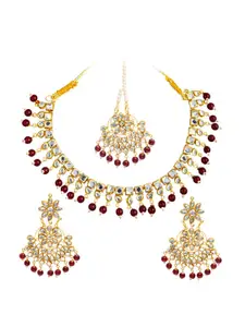 Shining Jewel - By Shivansh Maroon Beaded Gold-Plated Bridal Necklace Set