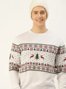 Mast & Harbour Round Neck Christmas Self-Design Acrylic Pullover
