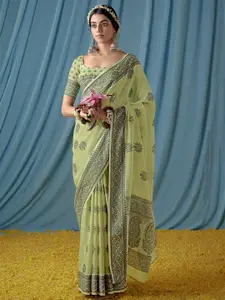 elora Floral Woven Design Zari Pure Linen Banarasi Saree