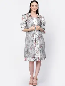 LELA Women Floral Printed Longline Organza Open Front Shrug