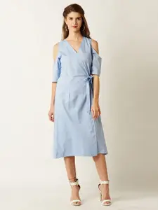 Miss Chase Women Blue Solid Wrap Cold-Shoulder Dress