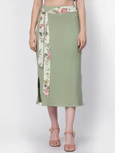 LELA Ribbed Knee-Length Straight Skirts With Printed Belt