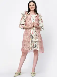 LELA Women Floral Printed Longline Organza Open Front Shrug