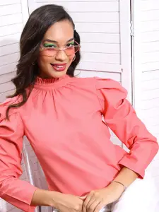Tokyo Talkies Pink High Neck Puff Sleeves Top