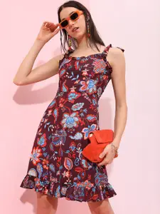 Tokyo Talkies Floral Printed Shoulder Straps Smocked A-Line Dress