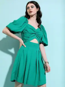 Tokyo Talkies Green Puff Sleeves Cut-Out Detail Fit & Flare Dress