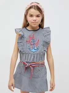 One Friday Girls Striped Ruffled Smocked Applique Detail Pure Cotton Crop Top