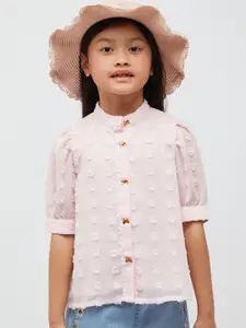 One Friday Girls Self Design Mandarin Collar Puff Sleeves Shirt Style Top