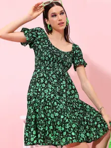 Tokyo Talkies Floral Printed Smocked Fit & Flare Dress