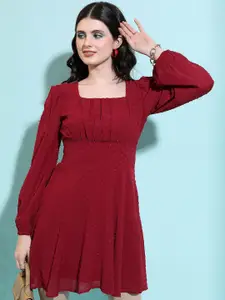 Tokyo Talkies Maroon Self Design Puff Sleeves Pleated Fit & Flare Dress