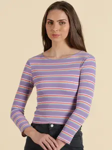SHOWOFF Striped Acrylic Boat Neck Fitted Top